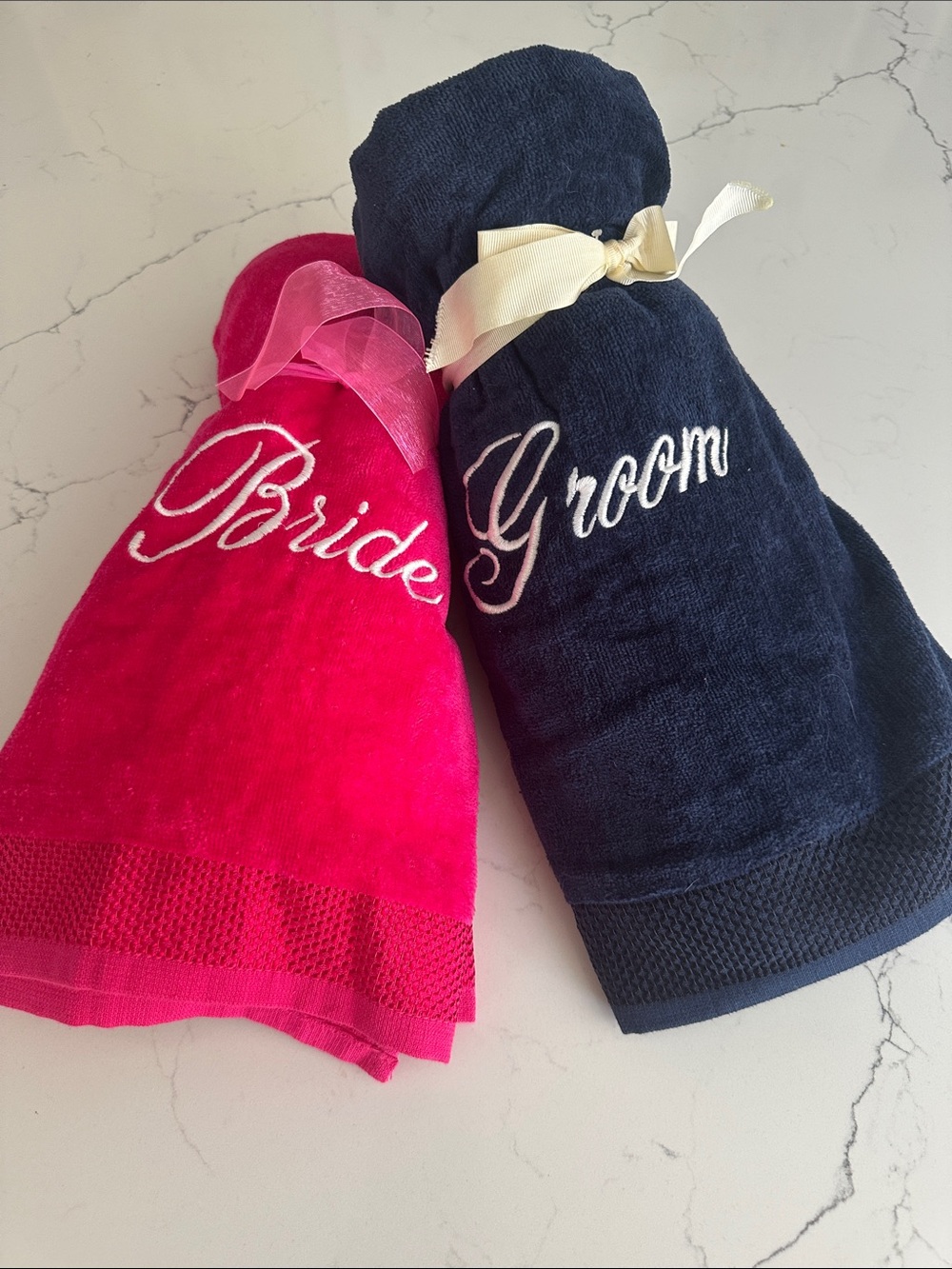 Bride & Groom Embroidered Cotton Bath Towels - Pink and Navy